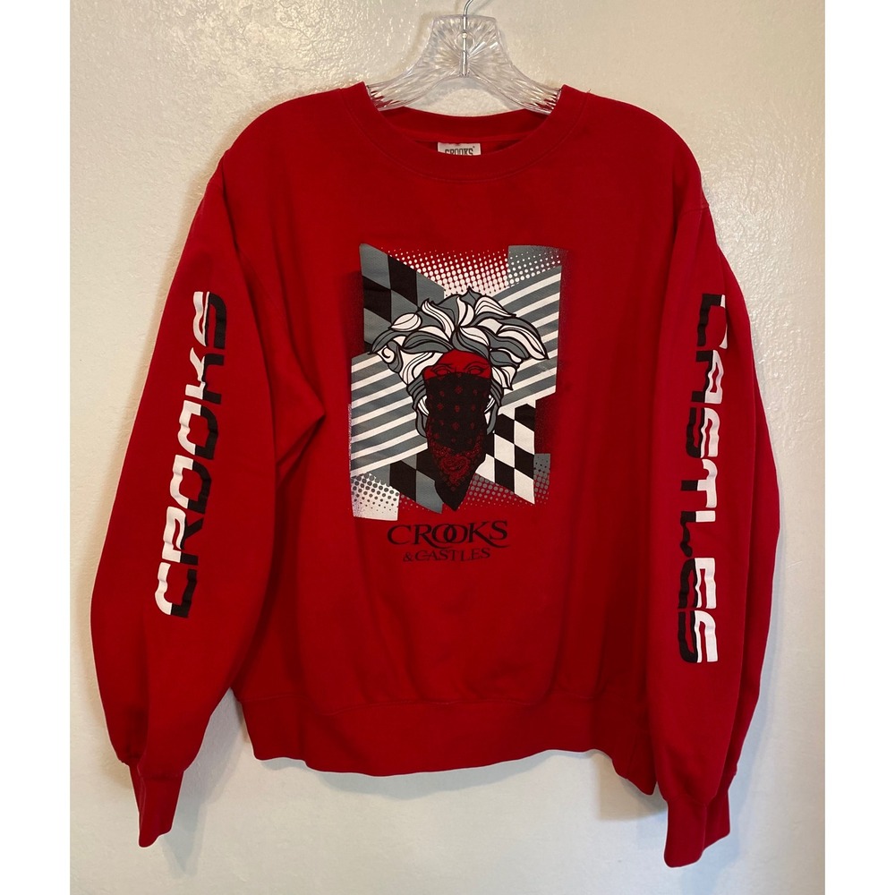 Crooks & Castles Mens Red Medusa Bandana Graphic Sleeve Print Sweatshirt Large